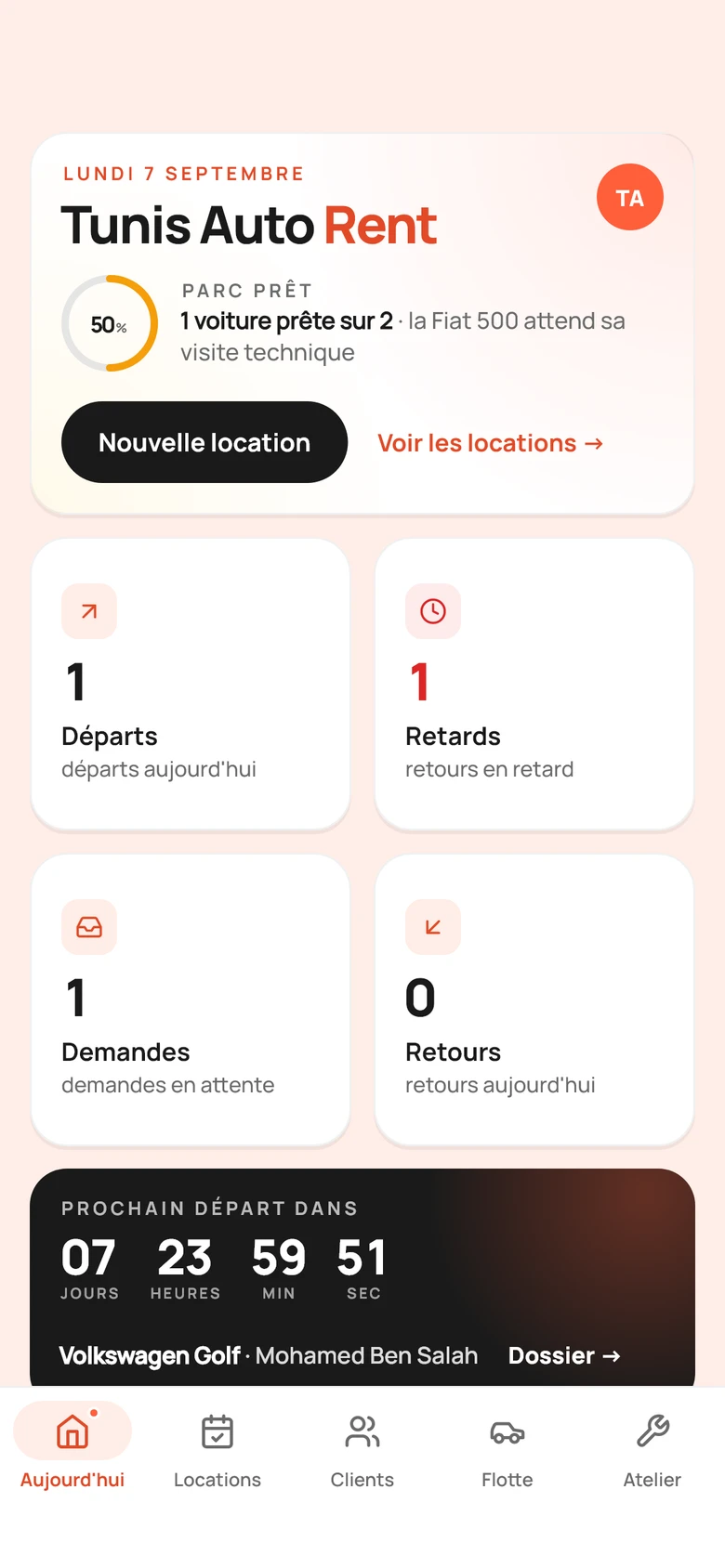 الأبليكاسيون متاع صاحب الوكالة: Tunis Auto Rent، البارك الحاضر، الخرجات، التعطيلات، الطلبات، والخرجة الجاية بالعد التنازلي