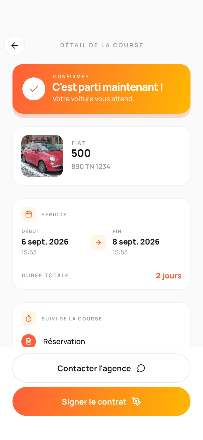 L'app du client : sa réservation confirmée, la Fiat 500, le suivi de la course