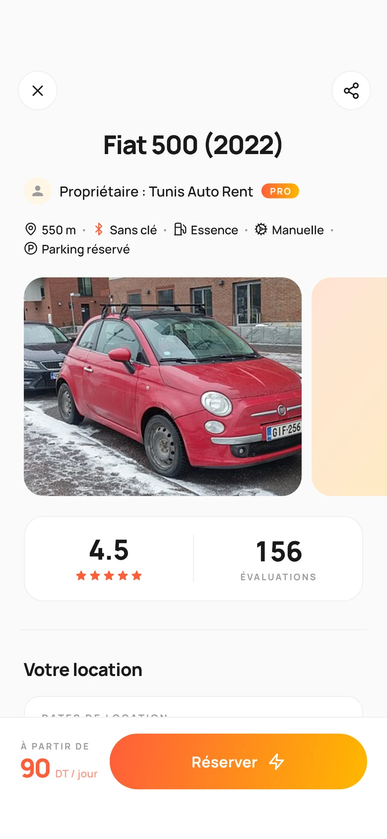La fiche de la Fiat 500 : Tunis Auto Rent, sans clé, 4,5 sur 156 évaluations, 90 DT par jour