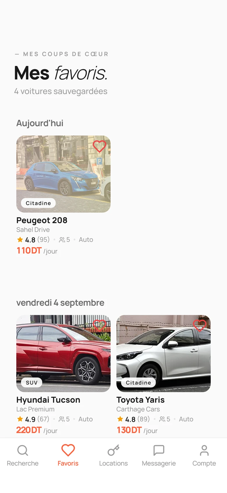 Vos favoris : la 208, le Tucson, la Yaris, avec leur prix par jour