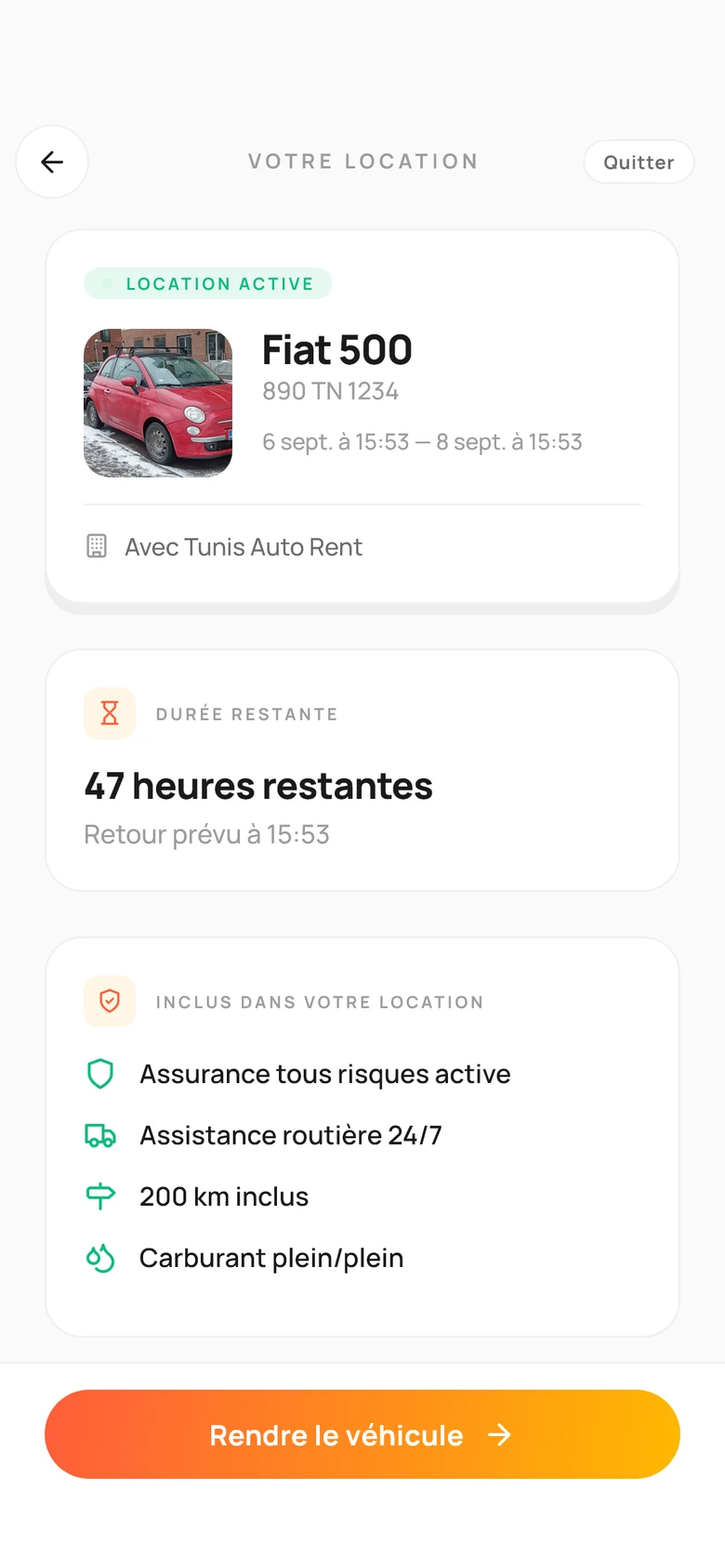 La location en cours : 47 heures restantes, ce qui est inclus, le bouton pour rendre
